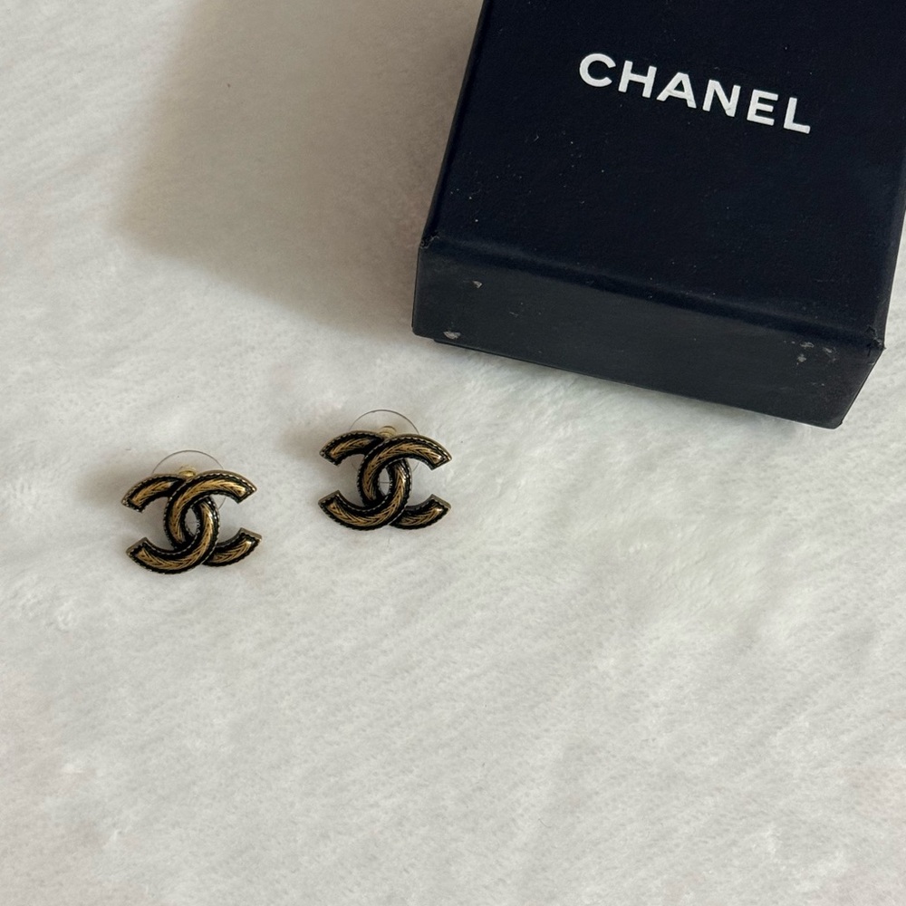 CHANEL Black and Gold Logo Earrings
